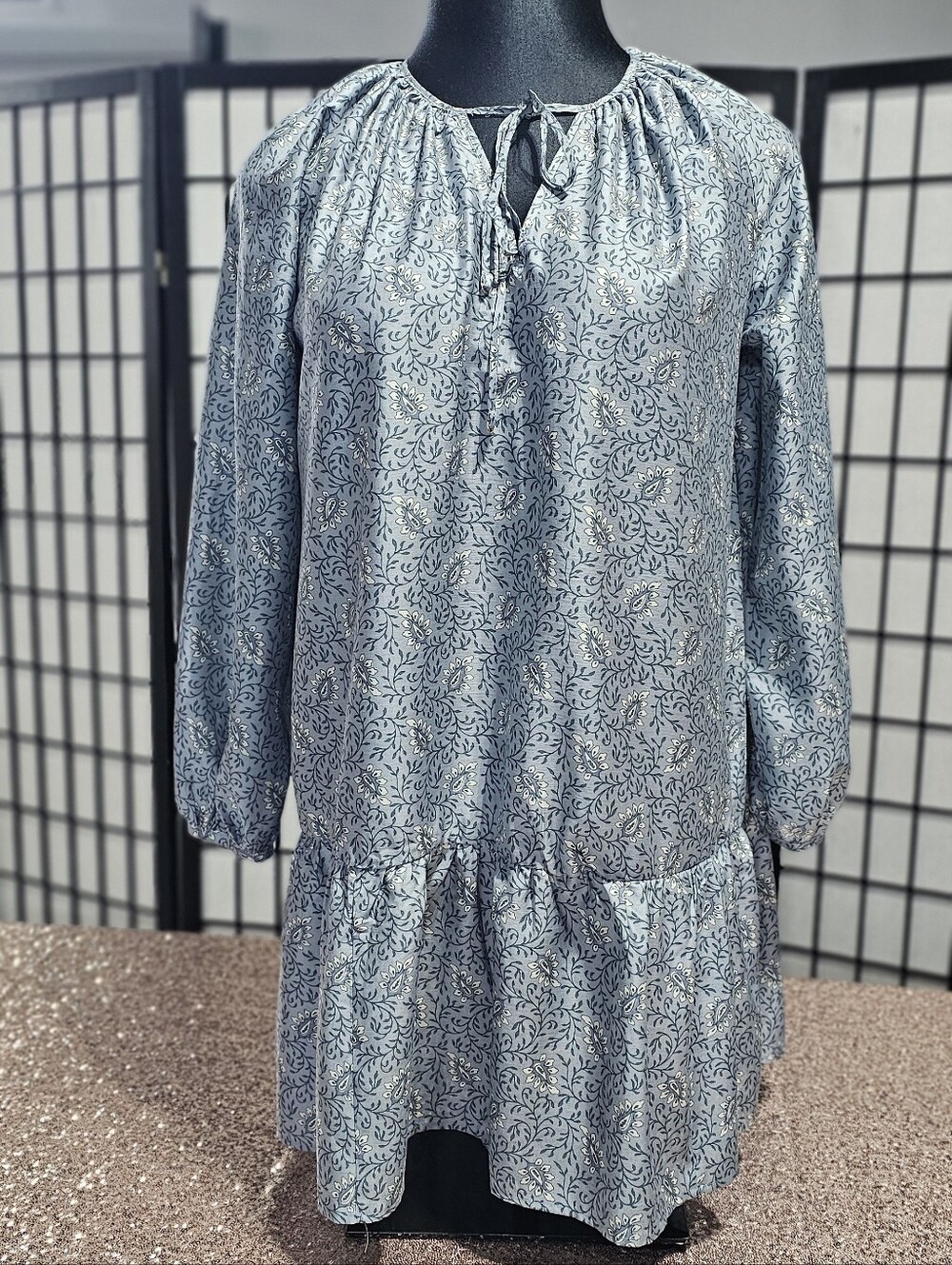 Blue Floral Tie-Neck Women’s Tunic Dress